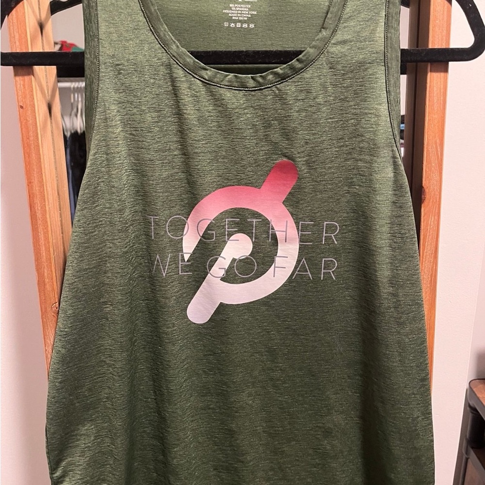 Peloton Olive Green Sleeveless Tank Top with Relaxed Fit and Pink Logo
